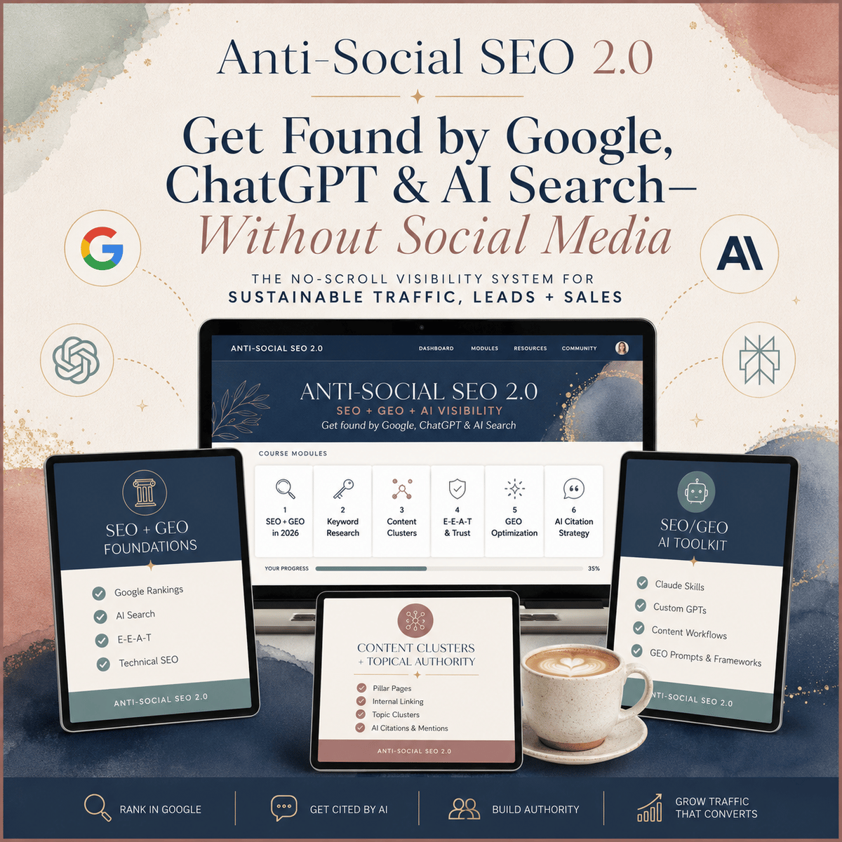 Anti-Social SEO 2.0 course — on laptop and tablets